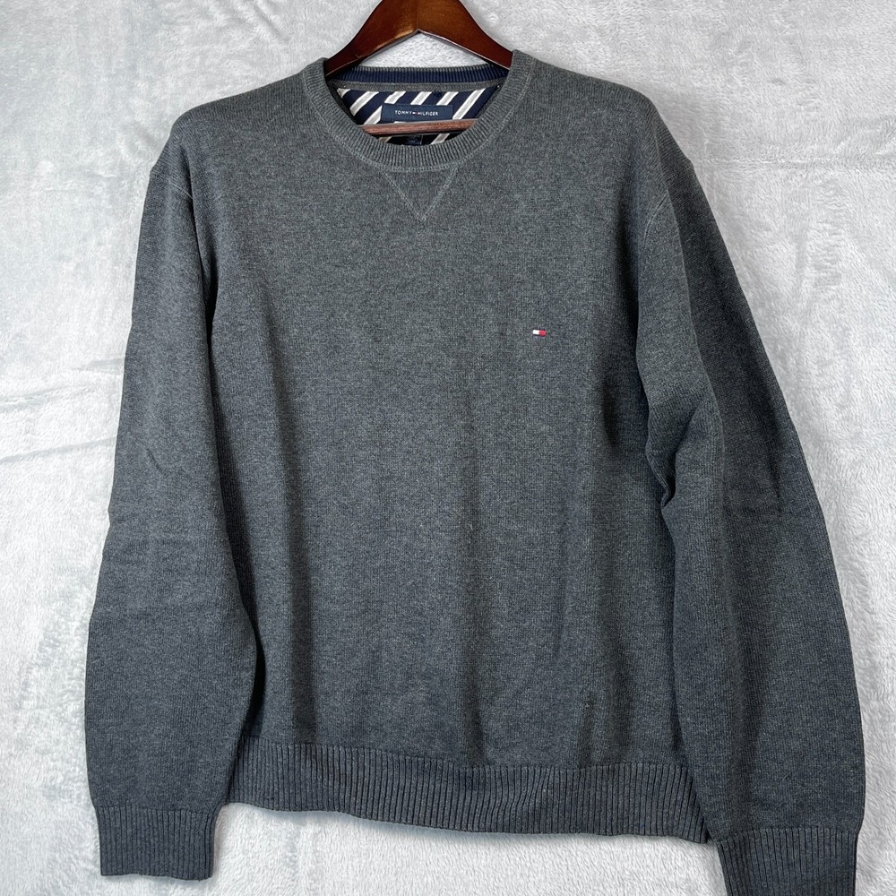 Tommy Hilfiger Mens XXL Dark Gray Crewneck Knit Sweater 100% Cotton Classic Logo